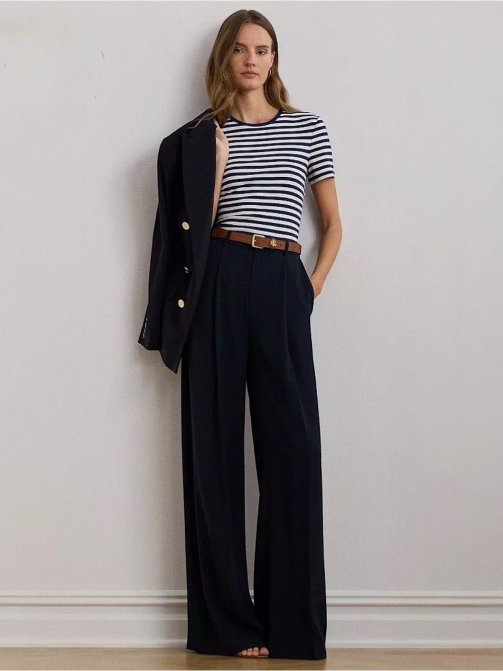 NWT Lauren Ralph Lauren Navy Wide Leg Pleated Stretch Jersey Pant